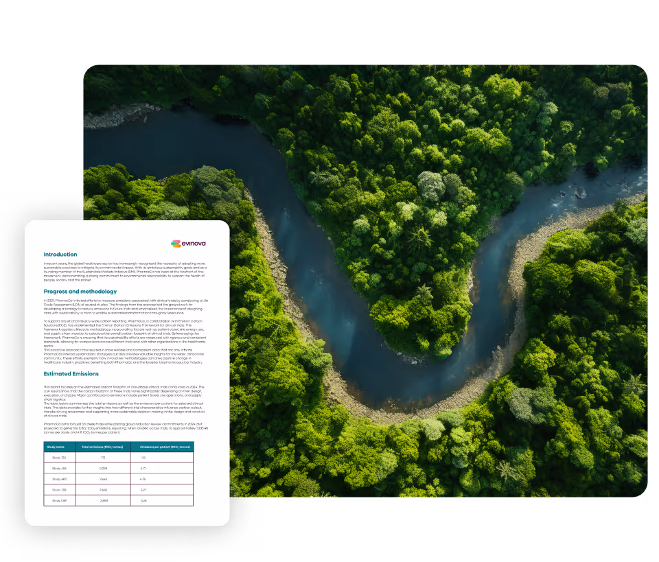 Aerial view of a winding river cutting through dense, green rainforest, symbolizing environmental focus; overlaid in the corner is a page from an Evinova report detailing emissions data, methodology, and sustainability efforts.