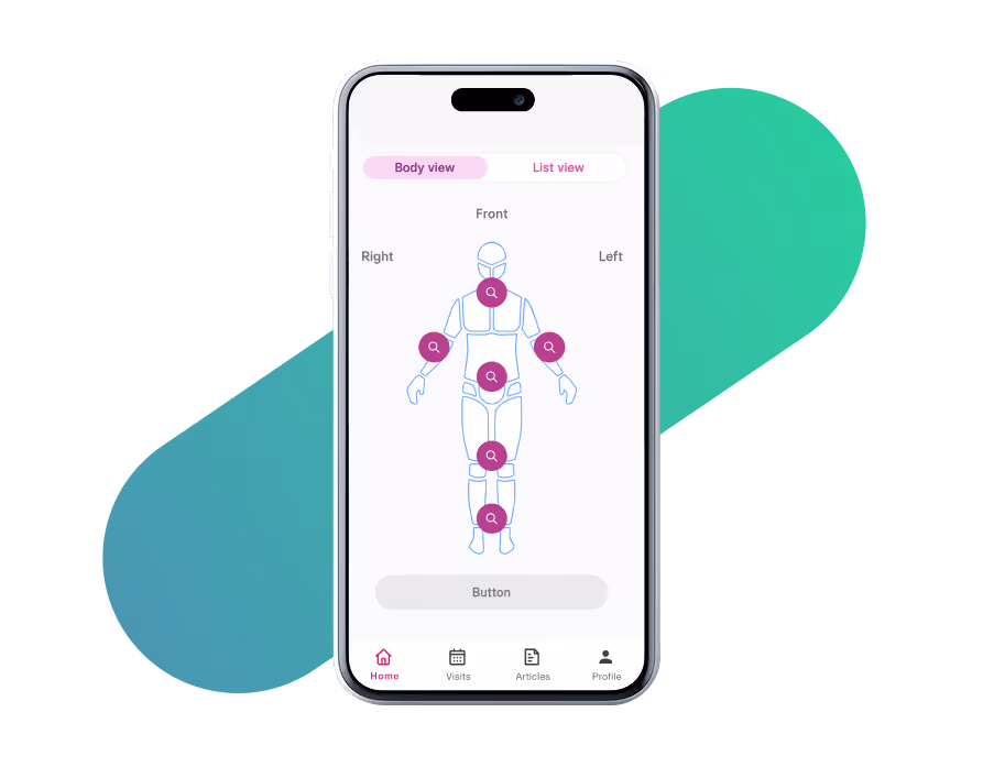 Smartphone screen showing a medical body diagram with clickable areas, representing Evinova’s Unified Trial Solution platform for digital health strategy and execution.